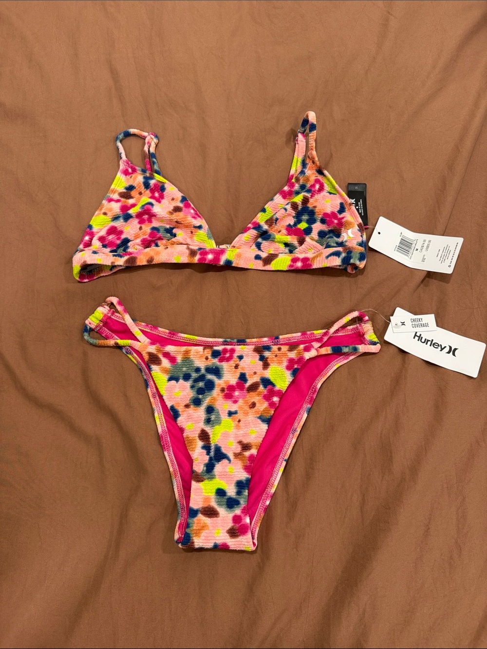 Hurley Multicolor Floral Ribbed Triangle Bikini Set - Pink Accents